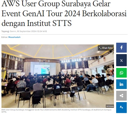 AWS User Group Surabaya Gelar Event GenAI Tour 2024 Berkolaborasi dengan Institut STTS   Artikel ini telah tayang di Surya.co.id dengan judul AWS User Group Surabaya Gelar Event GenAI Tour 2024 Berkolaborasi dengan Institut STTS